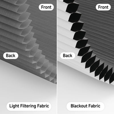 cordless no drill cellular shade for large and wide windows close-up, left light-filtering with same color front and back in minimalist gray, right full blackout with gray front and white back | hestia blinds