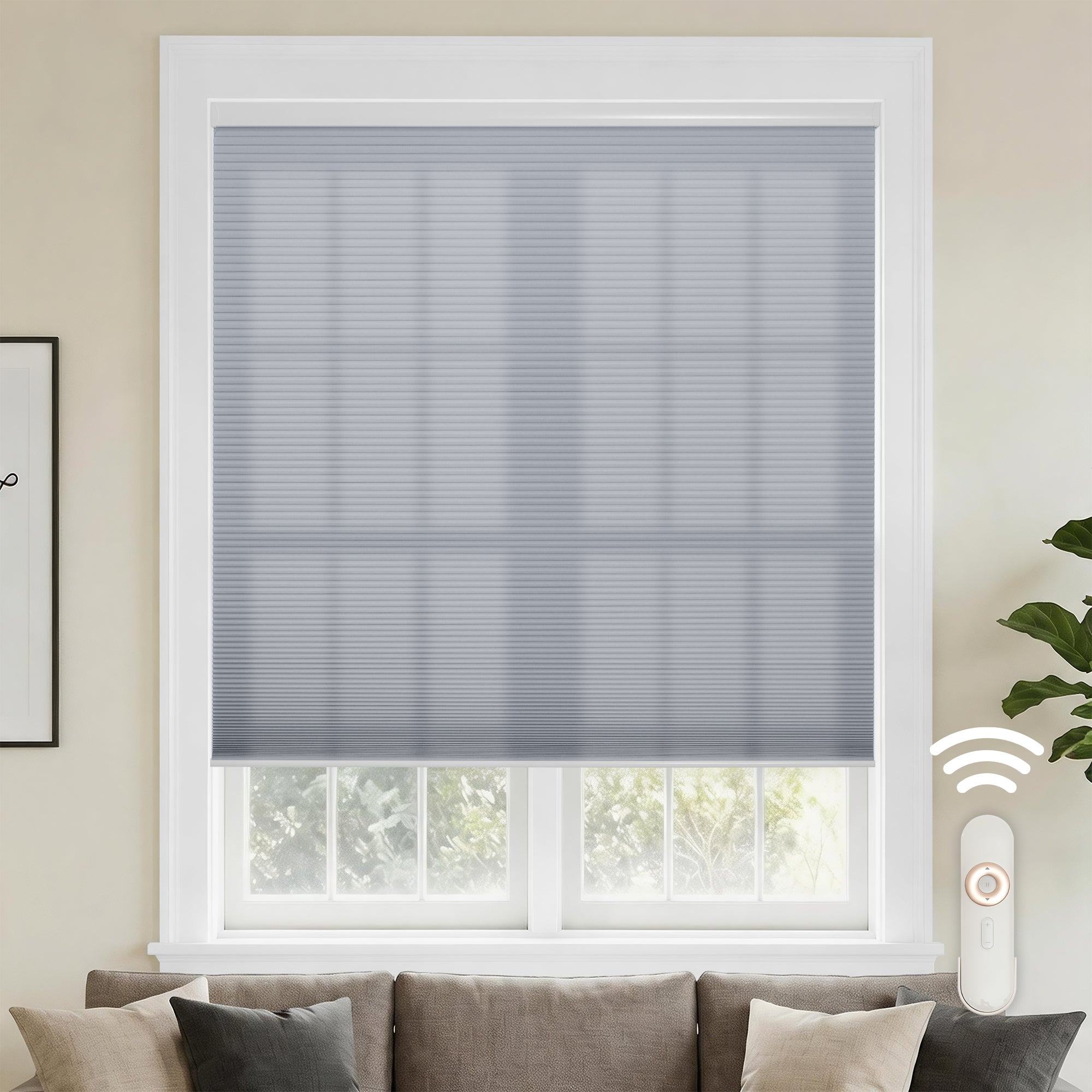 motorized cellular shades for soft light control in a modern living room with airy, comfortable atmosphere and remote | hestia blinds