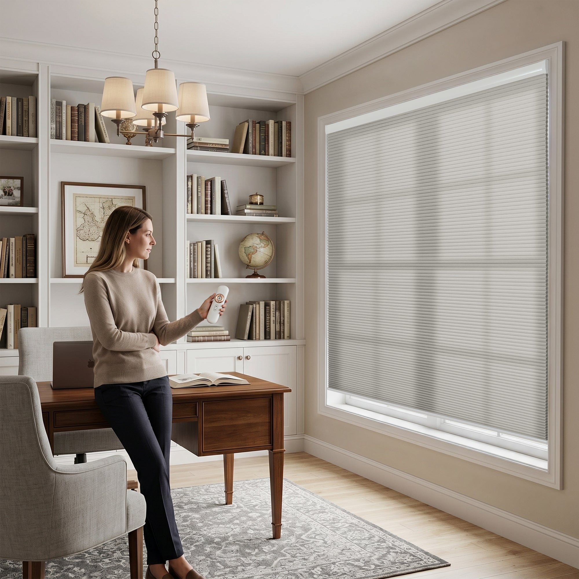 motorized cellular shades enhancing a clean, contemporary home office with soft light filtering | hestia blinds