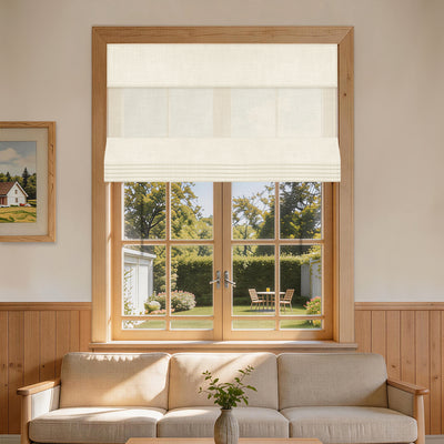 no drill light filtering natural linen roman shades in a rustic farmhouse living room with soft filtered sunlight | Hestia Blinds