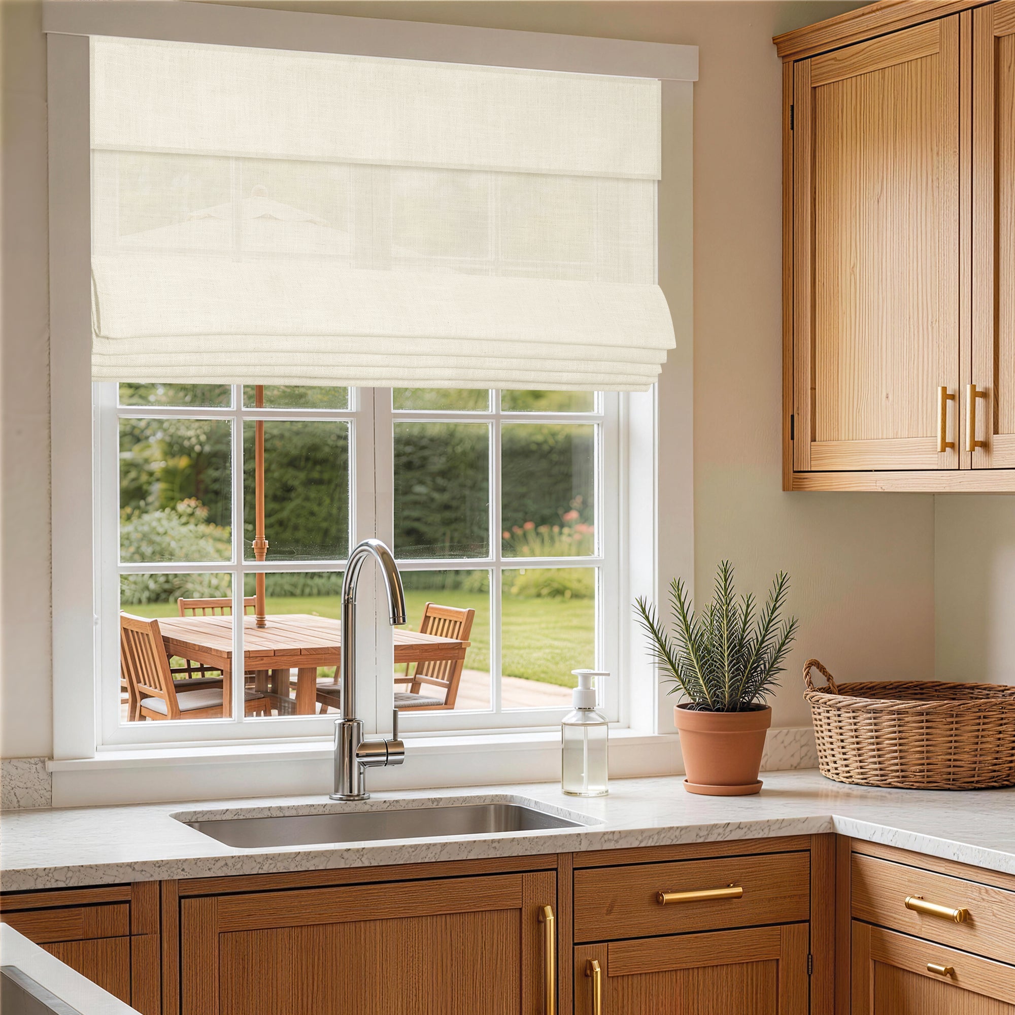 no drill light filtering natural linen roman shades in off white in a rustic farmhouse kitchen with wooden cabinetry and soft daylight | Hestia Blinds