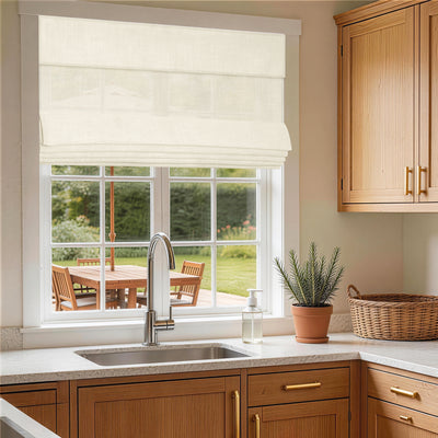 no drill light filtering natural linen roman shades in off white in a rustic farmhouse kitchen with wooden cabinetry and soft daylight | Hestia Blinds