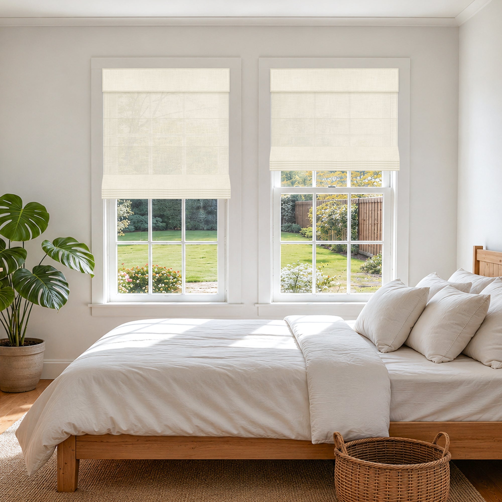 no drill light filtering natural linen roman shades in a bright modern farmhouse bedroom with a serene and airy feel | Hestia Blinds