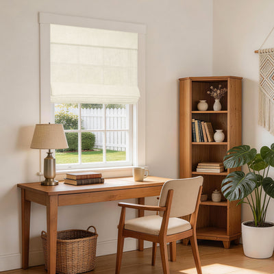 no drill light filtering natural linen roman shades in a bright farmhouse study with calm tones and a breathable interior feel | Hestia Blinds