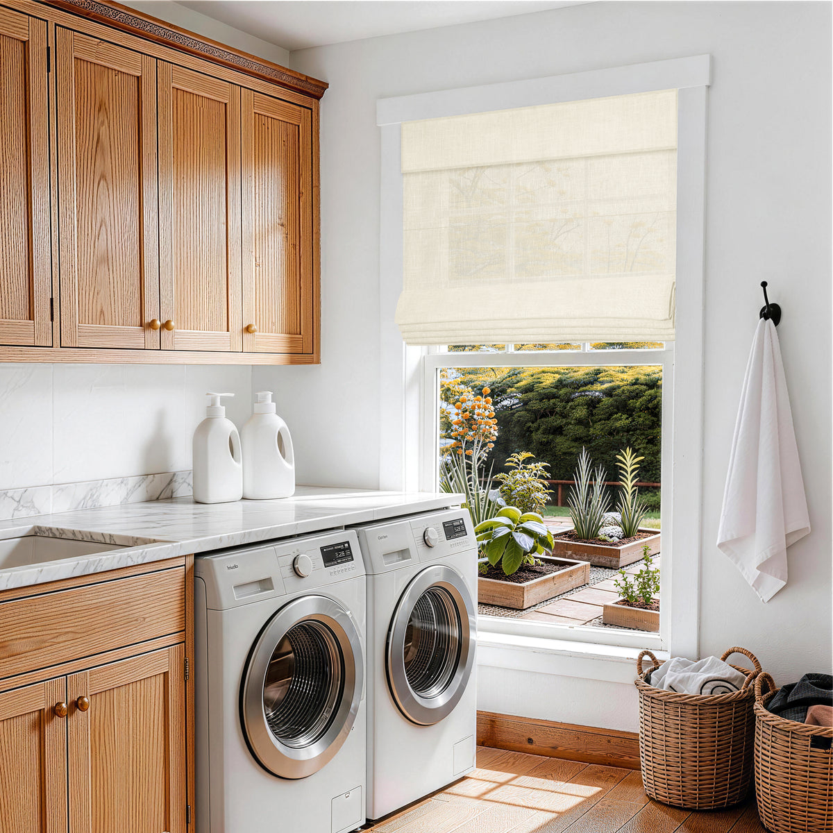 no drill light filtering natural linen roman shades in a cozy farmhouse laundry room with natural wood accents and balanced light | Hestia Blinds