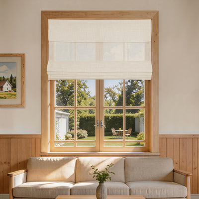No Drill Light Filtering Natural Linen Roman Shades | Farmhouse