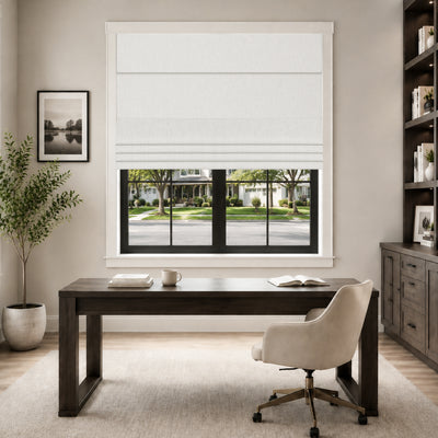 no drill blackout faux linen roman shades in a modern farmhouse reading room with airy brightness, greenery decor and soft daylight | Hestia Blinds