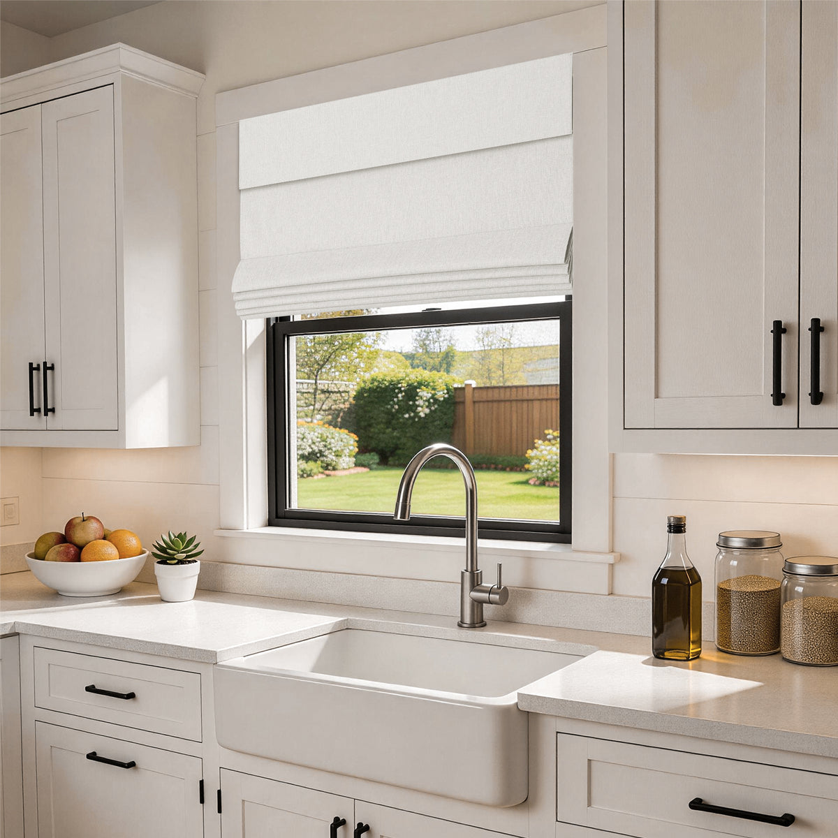 no drill blackout faux linen roman shades in a clean, modern farmhouse kitchen with airy white interiors and soft sunlight filtering through | Hestia Blinds