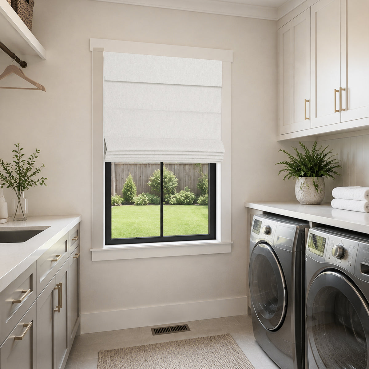 no drill blackout faux linen roman shades in a modern white laundry room with calm, diffused daylight and a tidy farmhouse atmosphere | Hestia Blinds