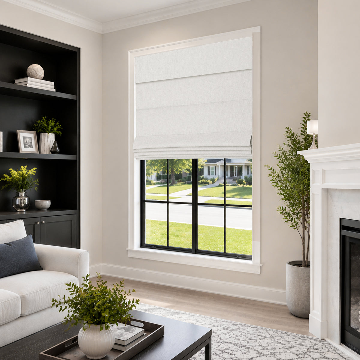 no drill blackout faux linen roman shades in a harmonious living space with soft natural light and simple modern farmhouse styling | Hestia Blinds