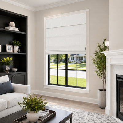no drill blackout faux linen roman shades in a harmonious living space with soft natural light and simple modern farmhouse styling | Hestia Blinds