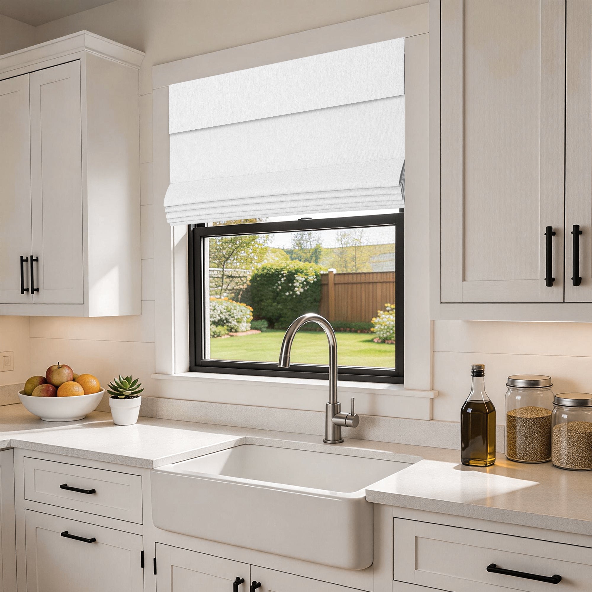 no drill blackout faux linen roman shades in a clean, modern farmhouse kitchen with airy white interiors and soft sunlight filtering through | Hestia Blinds