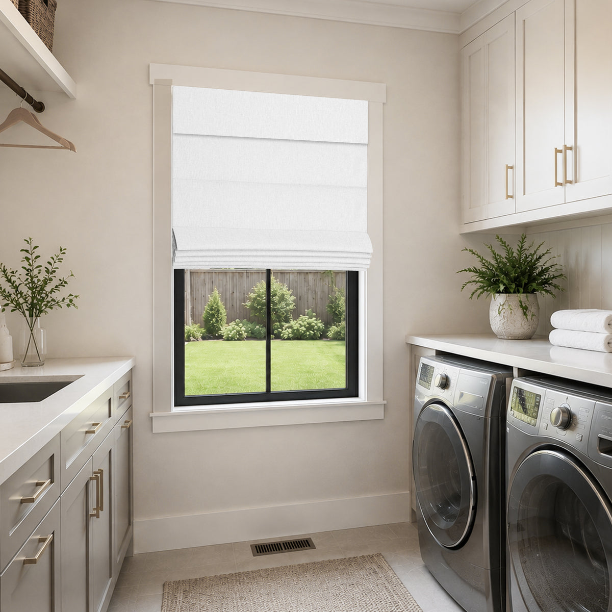 no drill blackout faux linen roman shades in a modern white laundry room with calm, diffused daylight and a tidy farmhouse atmosphere | Hestia Blinds