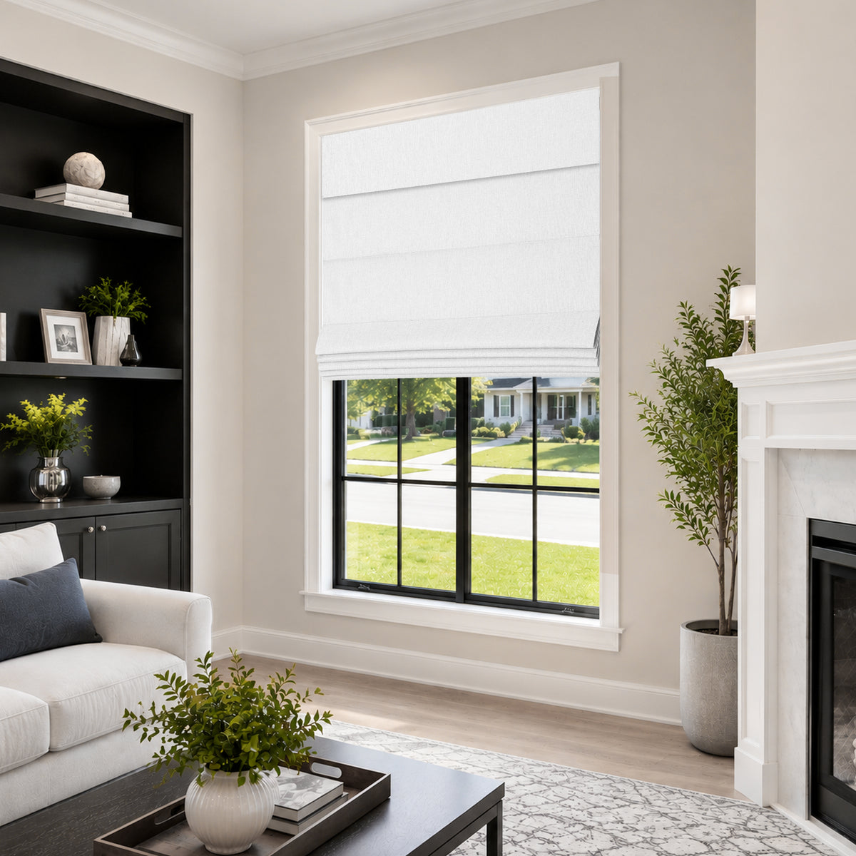 no drill blackout faux linen roman shades in a harmonious living space with soft natural light and simple modern farmhouse styling | Hestia Blinds