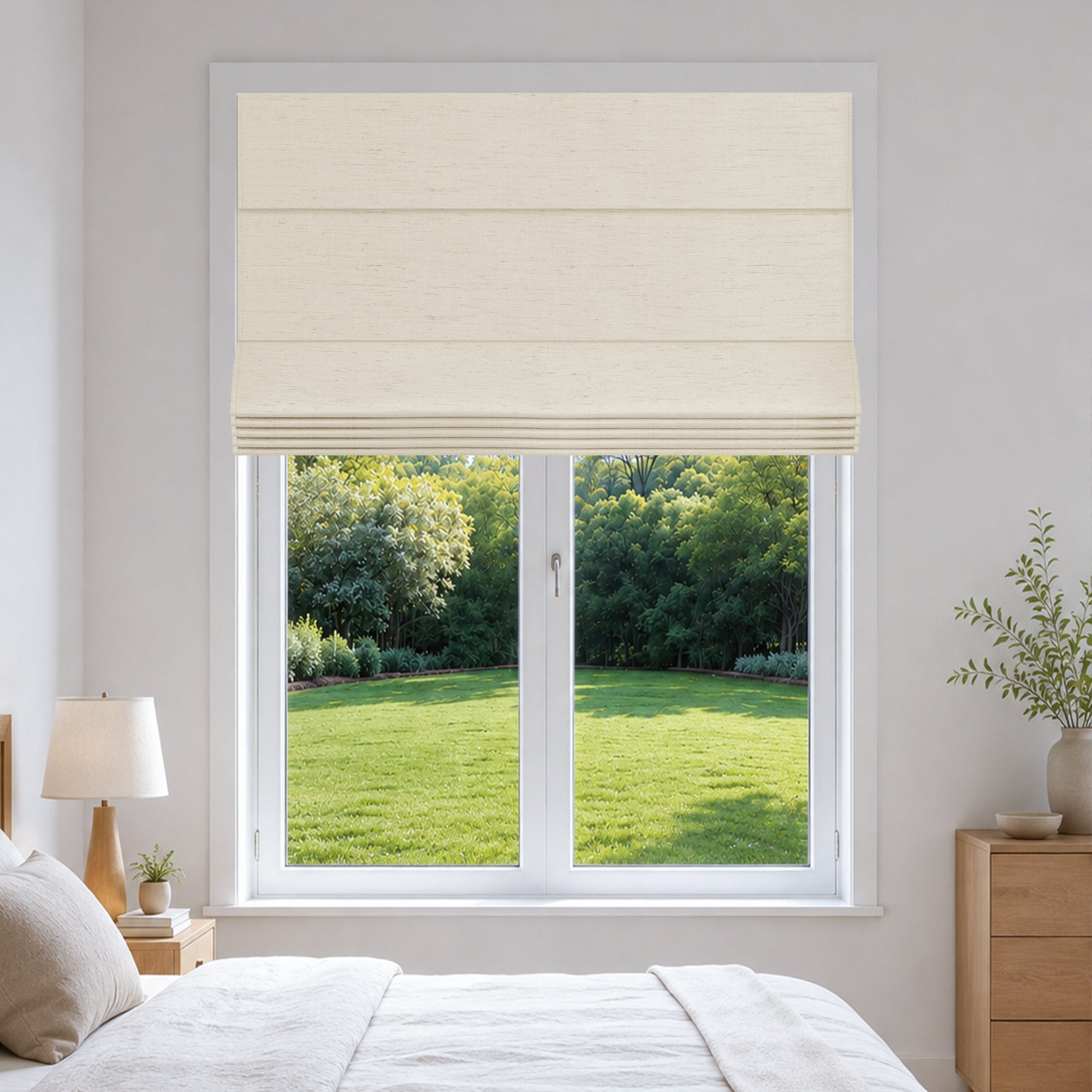 no drill linen blackout roman shades in peral white in a minimalist bedroom with soft daylight and peaceful interior ambience | Hestia Blinds