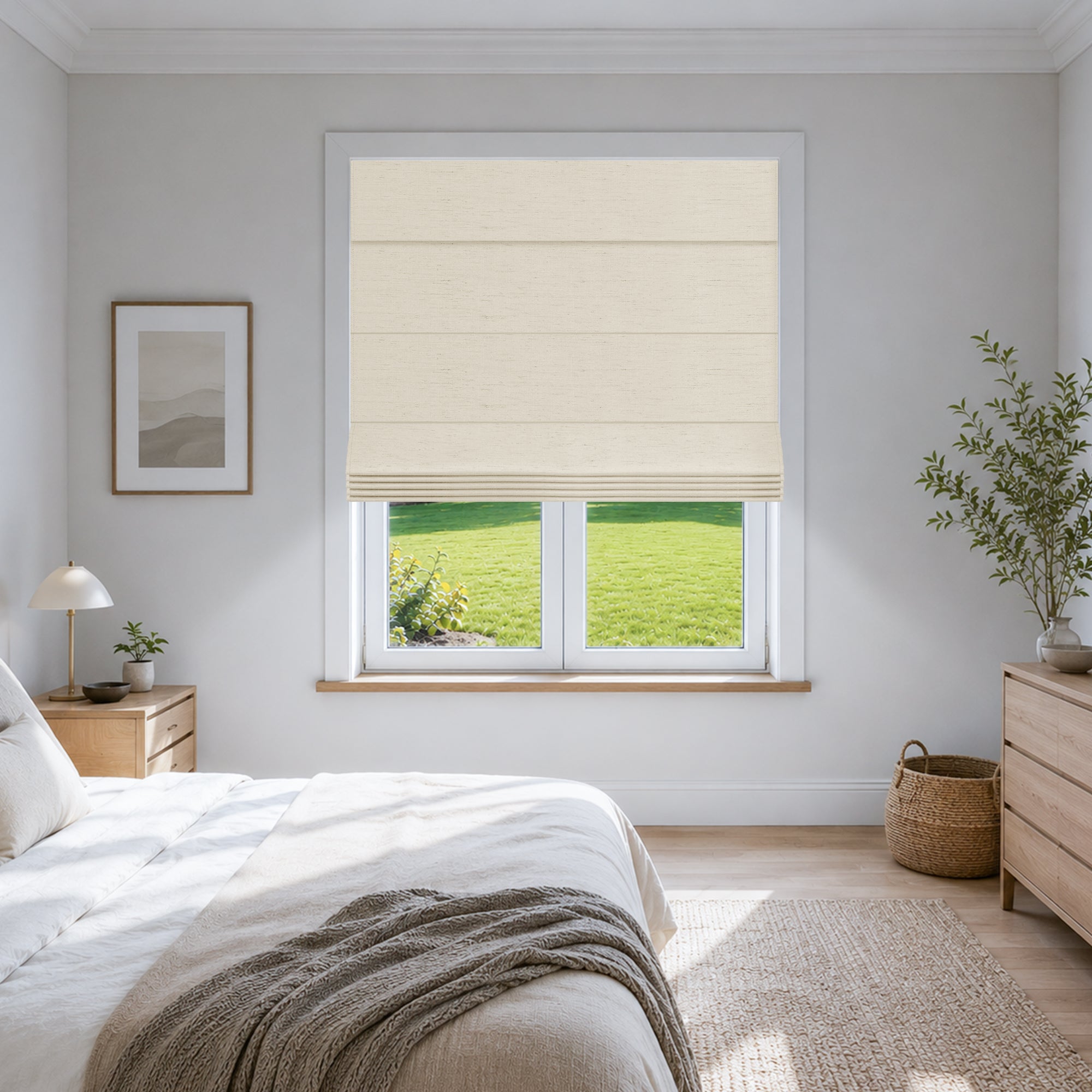no drill linen blackout roman shades in a minimalist bedroom with soft sunlight and a calm, natural atmosphere | Hestia Blinds