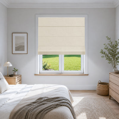 no drill linen blackout roman shades in a minimalist bedroom with soft sunlight and a calm, natural atmosphere | Hestia Blinds