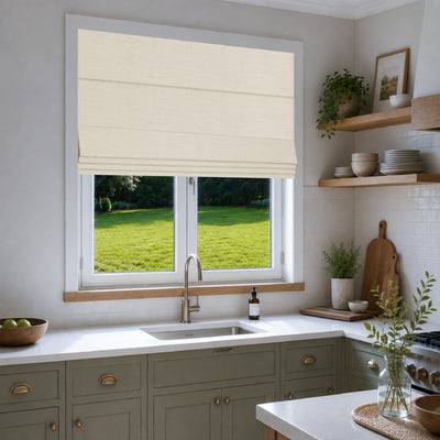 no drill linen blackout roman shades in a contemporary minimalist kitchen with balanced light and a calm, orderly feel | Hestia Blinds