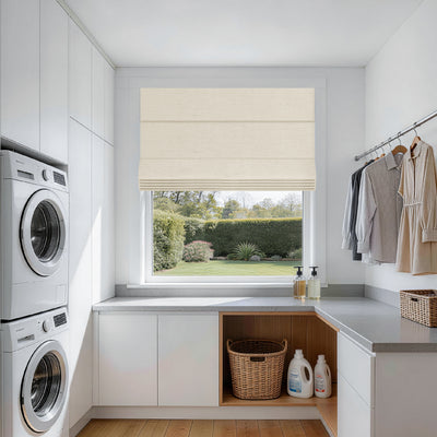 no drill linen blackout roman shades in a clean, airy minimalist laundry space with gentle daylight and a refined modern feel | Hestia Blinds