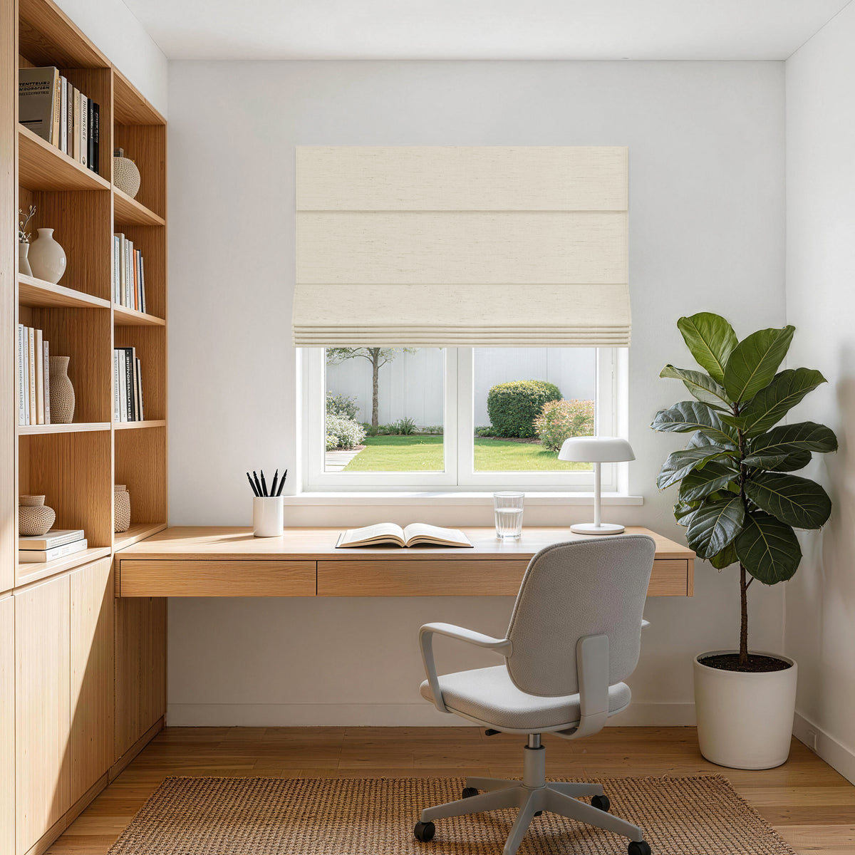 no drill linen blackout roman shades in a minimalist study room with gentle light and a quiet, organized ambience | Hestia Blinds
