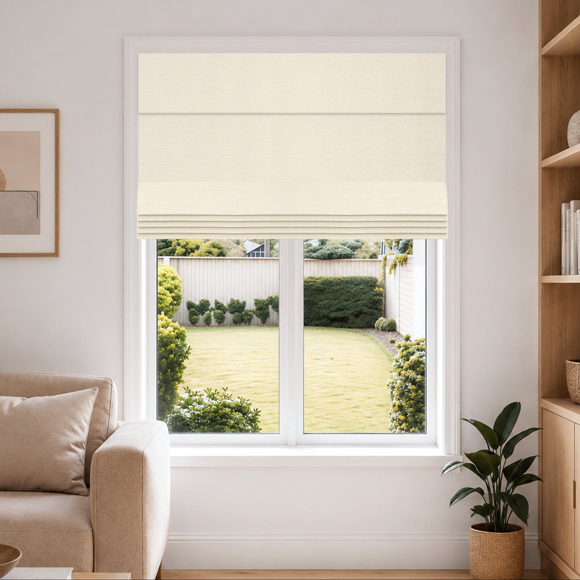no drill modern blackout insulated roman shades in gray mist in a bright minimalist living room with soft natural light and a fresh, airy atmosphere | Hestia Blinds