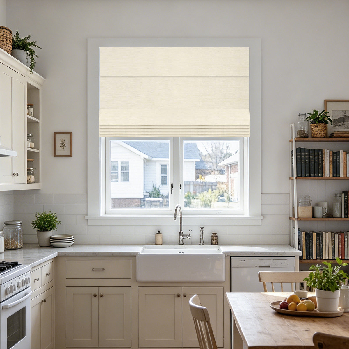 no drill modern blackout insulated roman shades in a minimalist kitchen with soft light and understated natural styling | Hestia Blinds