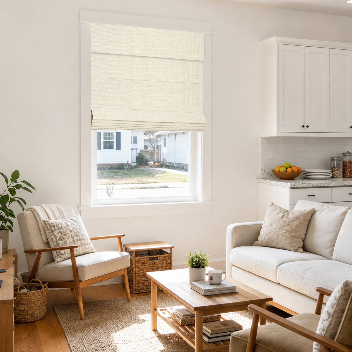 no drill modern blackout insulated roman shades in a bright minimalist open living space with soft natural light and warm, welcoming comfort | Hestia Blinds
