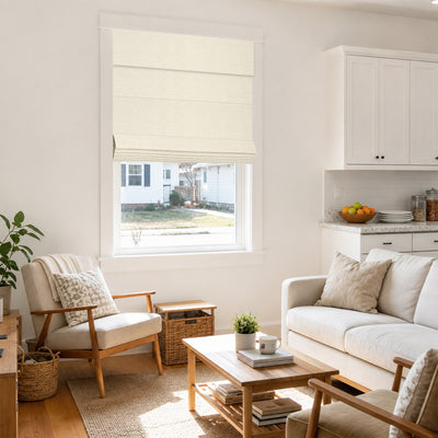 no drill modern blackout insulated roman shades in a bright minimalist open living space with soft natural light and warm, welcoming comfort | Hestia Blinds