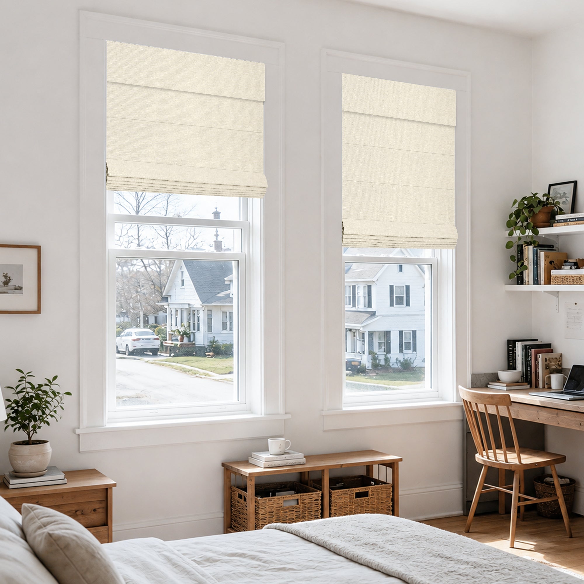 no drill modern blackout insulated roman shades in a bright minimalist bedroom with soft daylight and enhanced privacy | Hestia Blinds