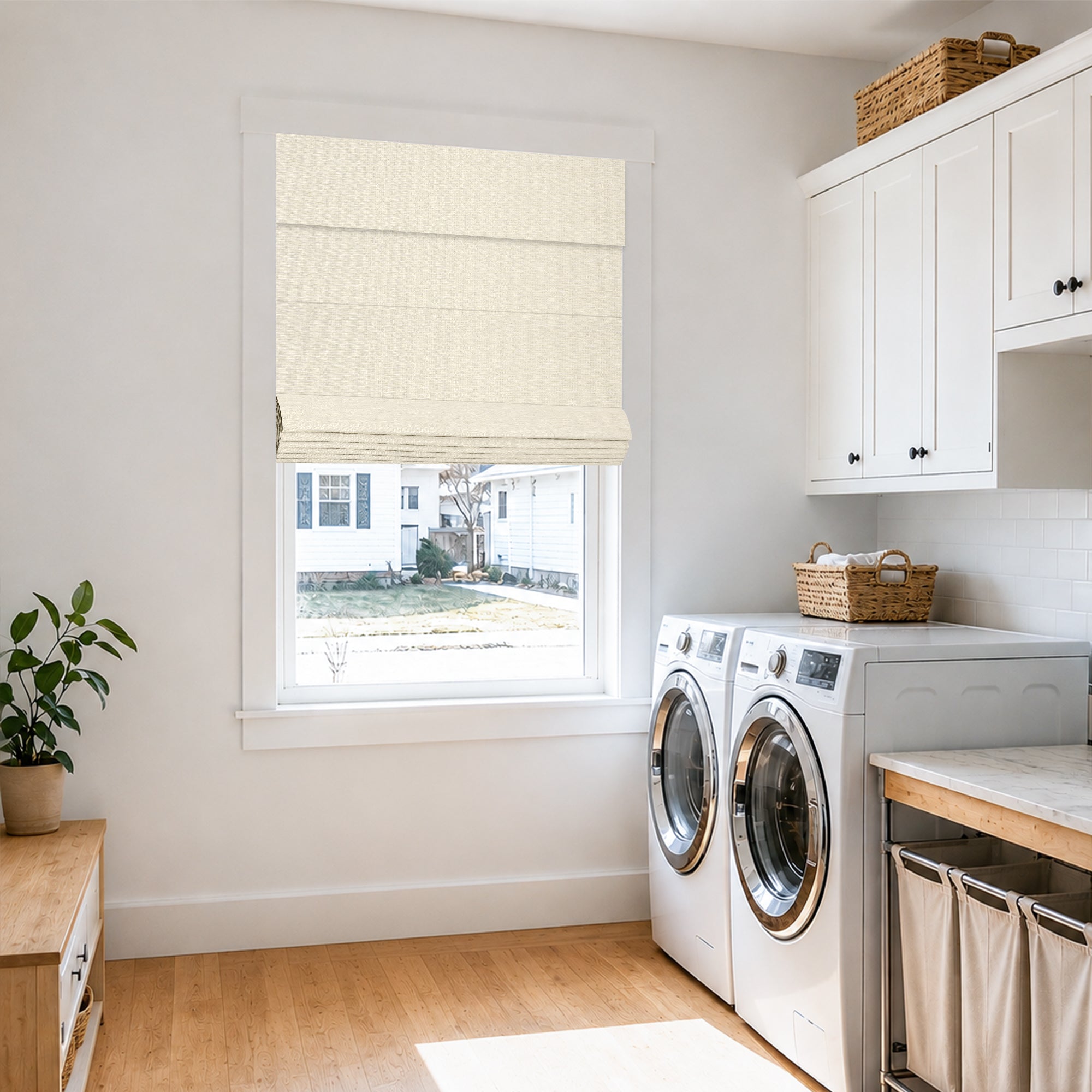 no drill modern blackout insulated roman shades in a tidy minimalist laundry room with gentle daylight and a calm, airy feel | Hestia Blinds
