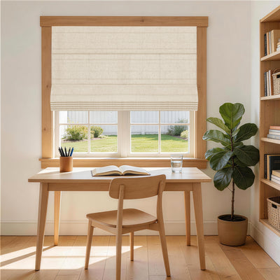 no drill light filtering faux linen roman shades in a farmhouse reading room with diffused sunlight and a quiet, inviting ambiance | Hestia Blinds
