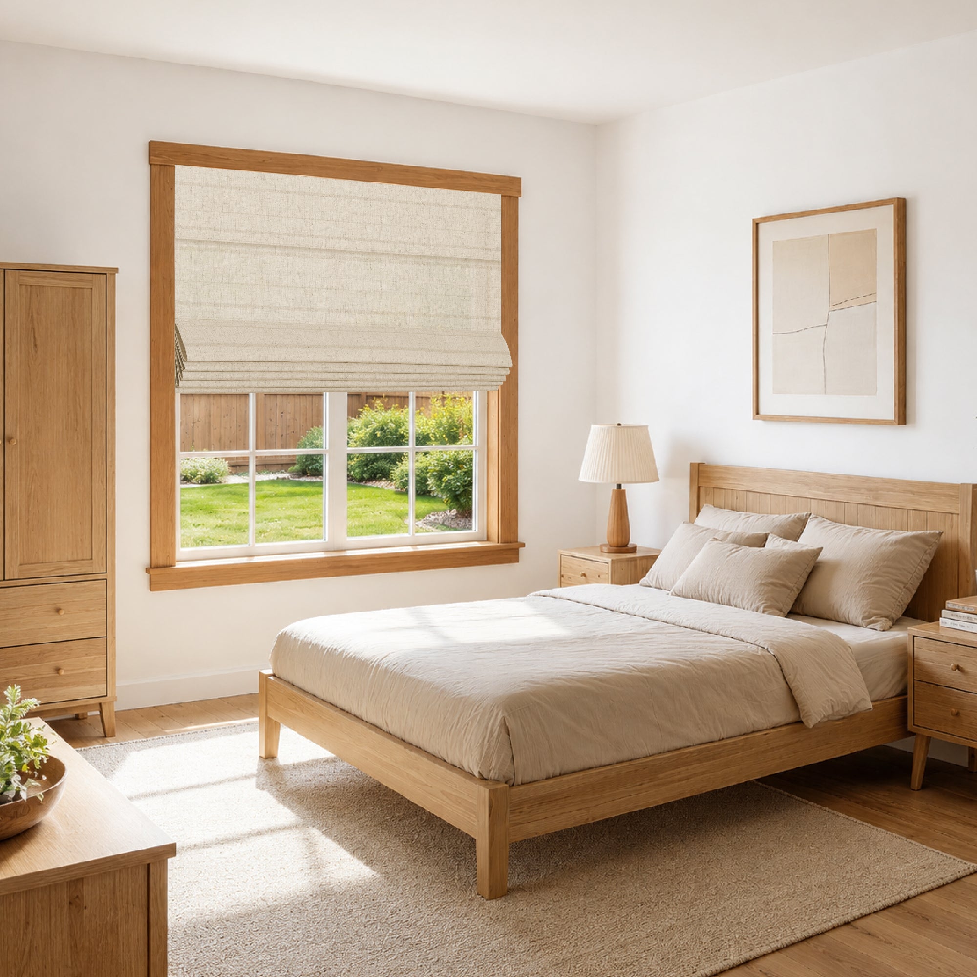 no drill light filtering faux linen roman shades in a bright, serene farmhouse bedroom with soft light and an easy, natural comfort | Hestia Blinds
