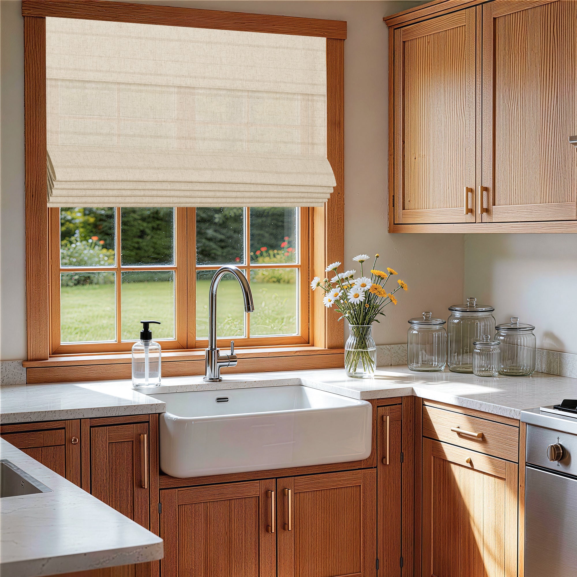 no drill light filtering faux linen roman shades in a clean, tidy kitchen with gentle daylight and a cozy farmhouse feel | Hestia Blinds