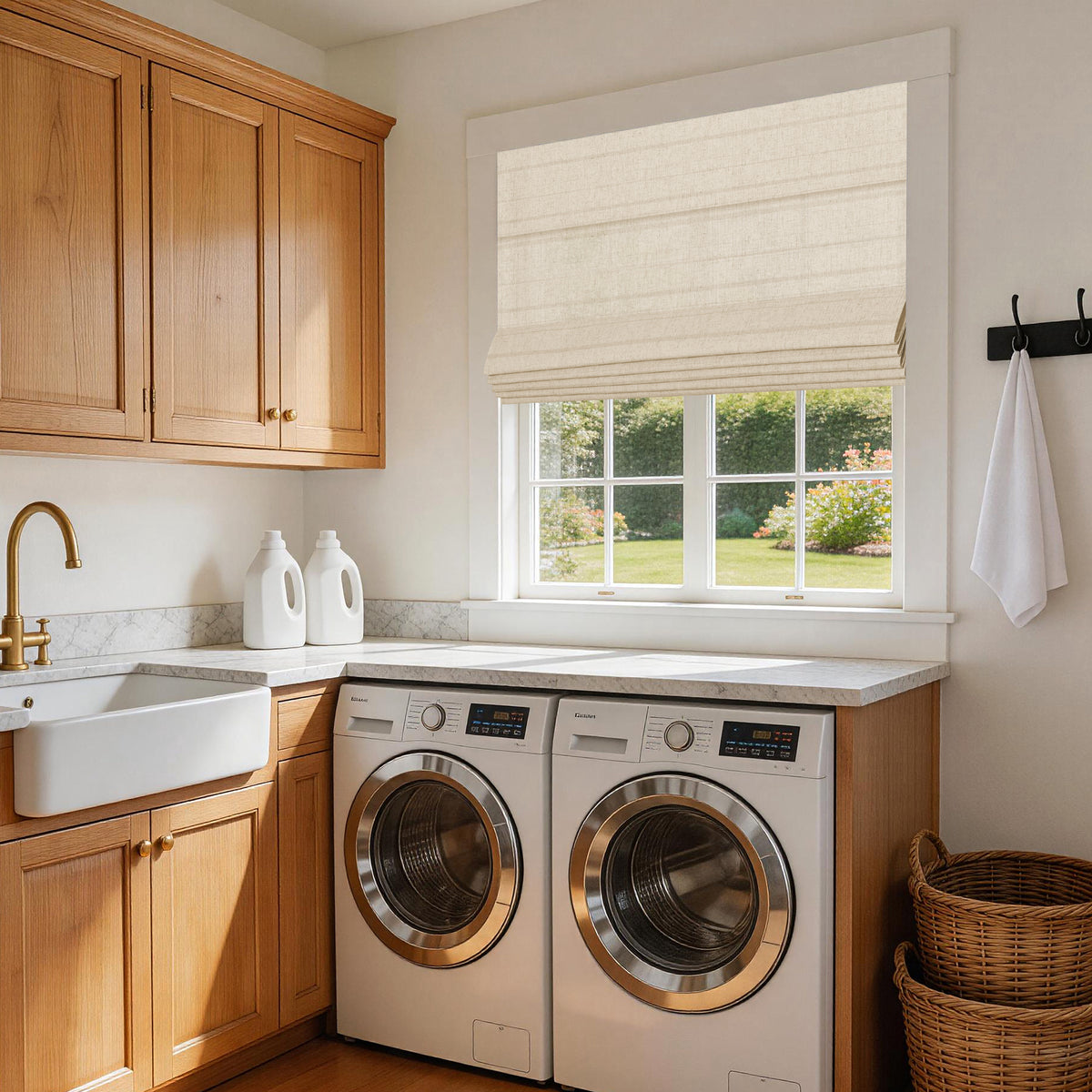 no drill light filtering faux linen roman shades in a tidy farmhouse laundry room with gentle daylight and a fresh, calm atmosphere | Hestia Blinds
