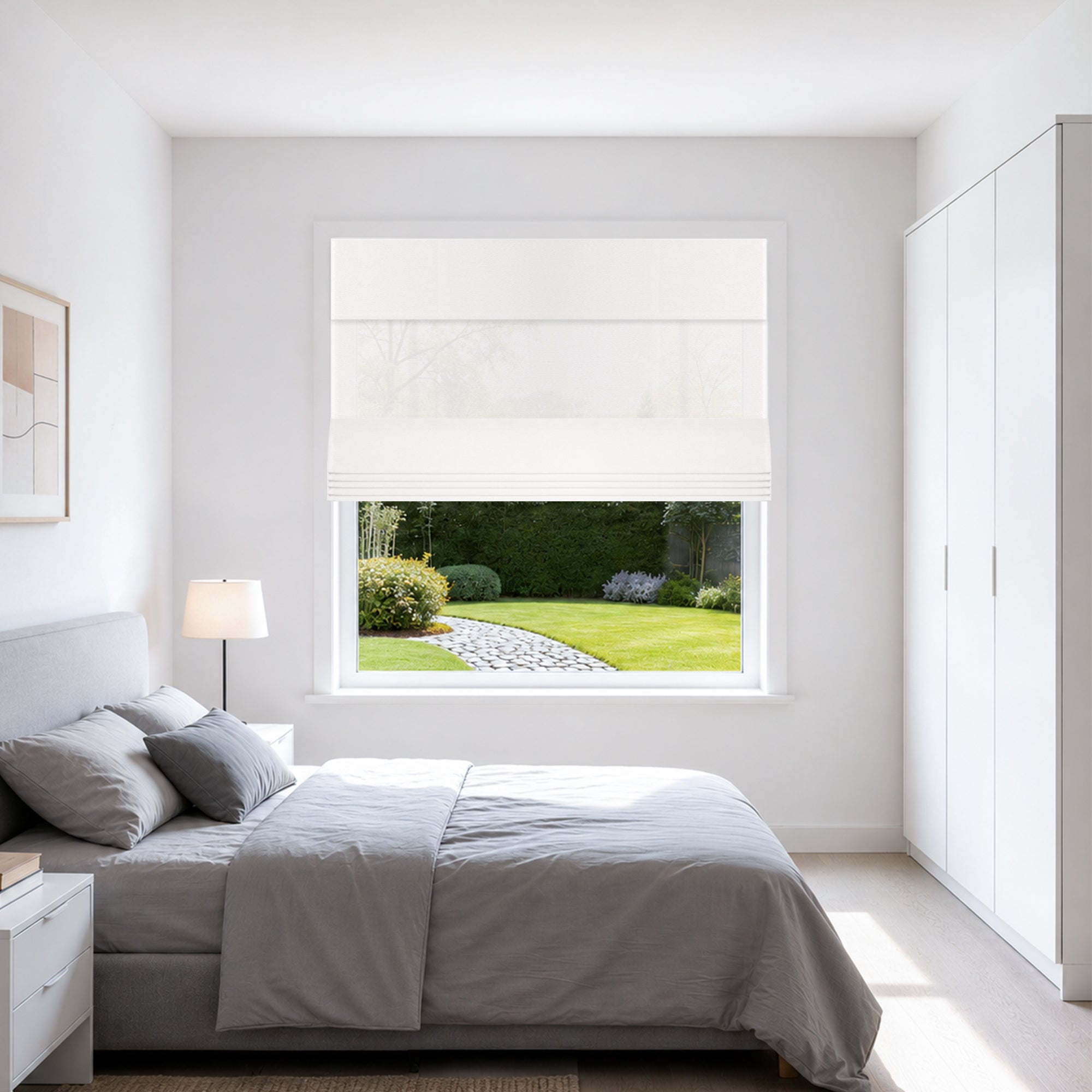 no drill light filtering privacy roman shades in a modern minimalist bedroom with balanced light and a refined, quiet elegance | Hestia Blinds
