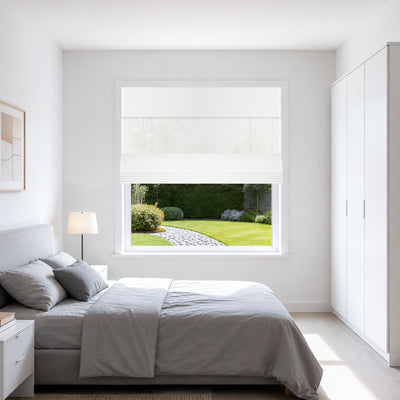 no drill light filtering privacy roman shades in a modern minimalist bedroom with balanced light and a refined, quiet elegance | Hestia Blinds