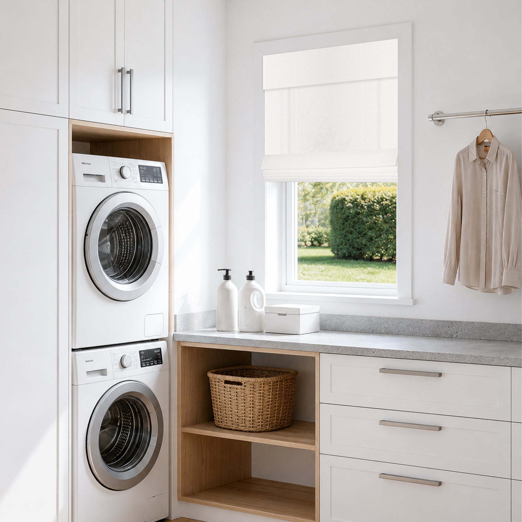 no drill light filtering privacy roman shades in a modern laundry room with airy brightness and a simple, refined look | Hestia Blinds