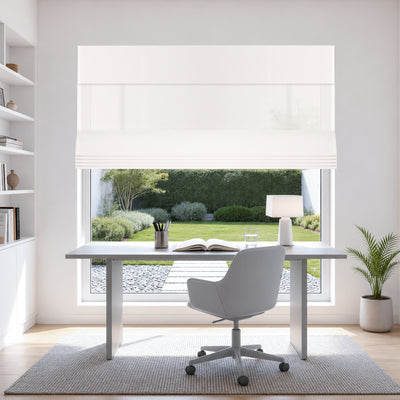 no drill light filtering privacy roman shades in a minimalist reading area with gentle daylight and a serene, refined mood | Hestia Blinds