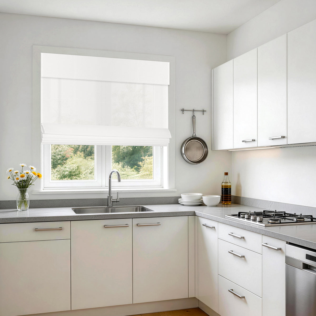 no drill light filtering privacy roman shades in a bright minimalist kitchen with soft natural light and streamlined design | Hestia Blinds