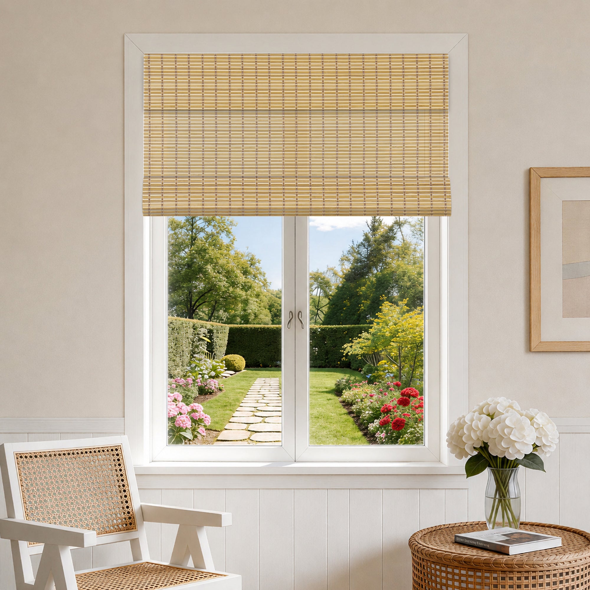 natural bamboo woven wood shades in bright farmhouse interior with soft natural light and cozy organic styling | Hestia Blinds