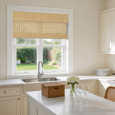 natural bamboo woven wood shades in a bright modern farmhouse kitchen, bringing a clean, natural and warm everyday living atmosphere | Hestia Blinds
