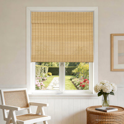 natural bamboo woven wood shades in bright farmhouse interior with soft natural light and cozy organic styling | Hestia Blinds