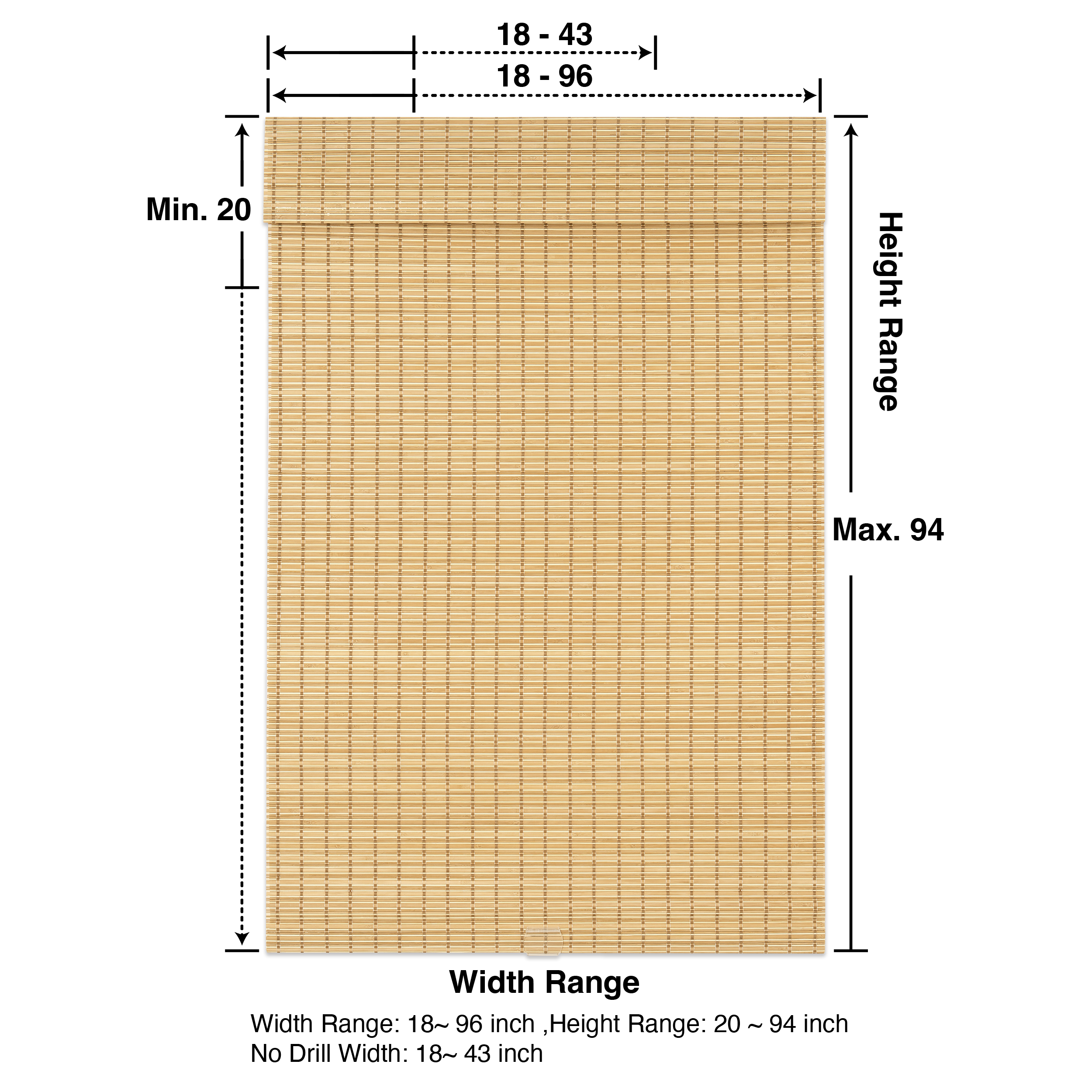 natural bamboo woven wood shades product layout with full size and key specification details | Hestia Blinds