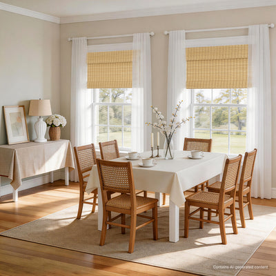 natural bamboo woven wood shades in a sunlit dining space with layered sheers and a light, inviting farmhouse-modern ambiance | Hestia Blinds