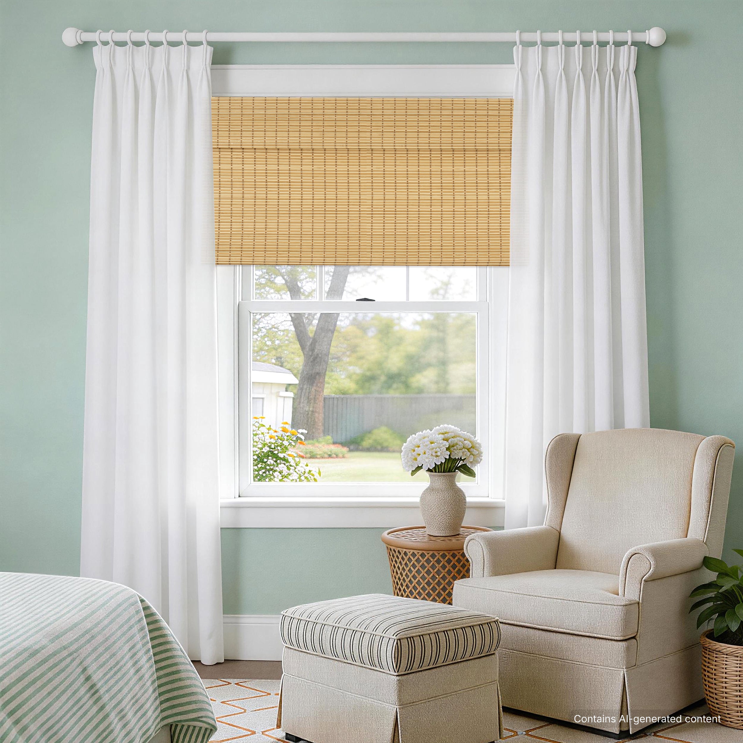 natural bamboo woven wood shades in a serene bedroom setting with layered sheers, offering balanced privacy, soft light filtering, and a calm breathable atmosphere | Hestia Blinds