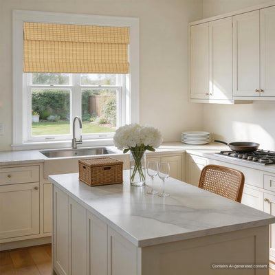natural bamboo woven wood shades in a bright modern farmhouse kitchen, bringing a clean, natural and warm everyday living atmosphere | Hestia Blinds