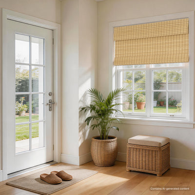 natural bamboo woven wood shades in a clean porch transition space, enhancing a warm, cozy connection between indoor and outdoor living | Hestia Blinds