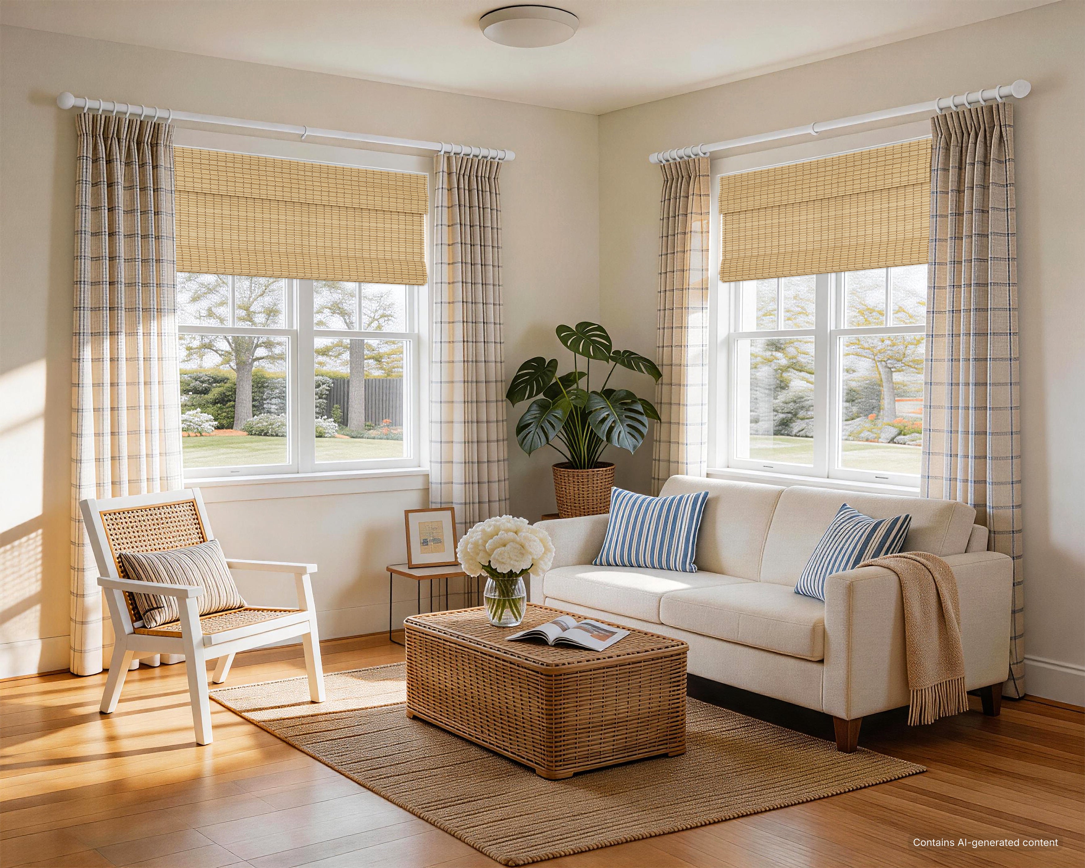 natural bamboo woven wood shades in a farmhouse living room with layered drapery, creating an elegant, bright and cozy natural ambiance | Hestia Blinds