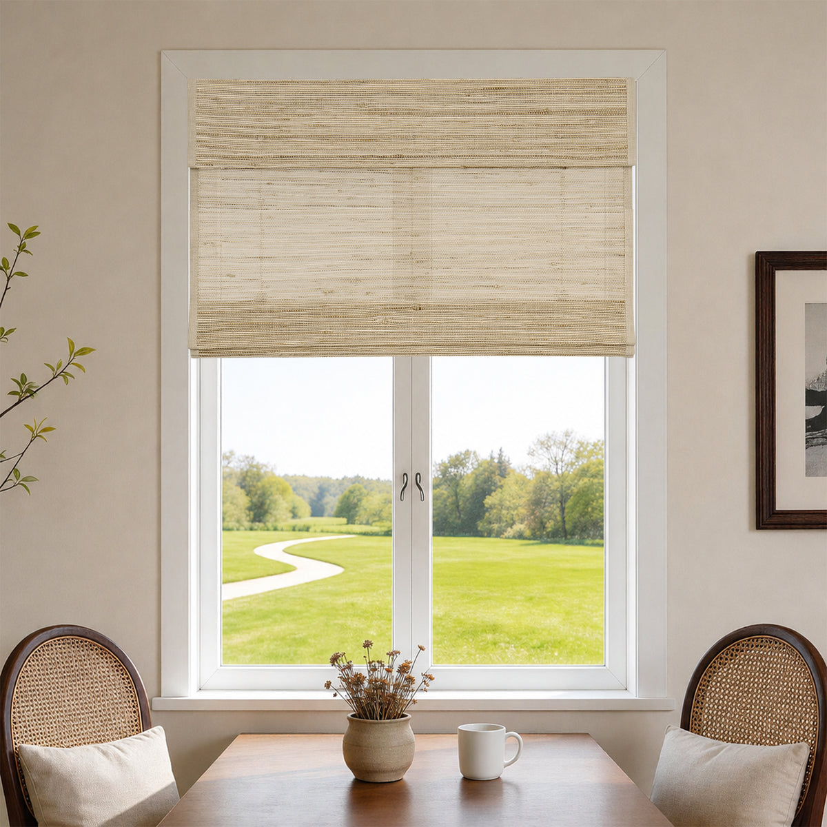 natural 100% ramie woven shades in a bright boutique-style window setting with a clean, elegant and airy atmosphere | Hestia Blinds
