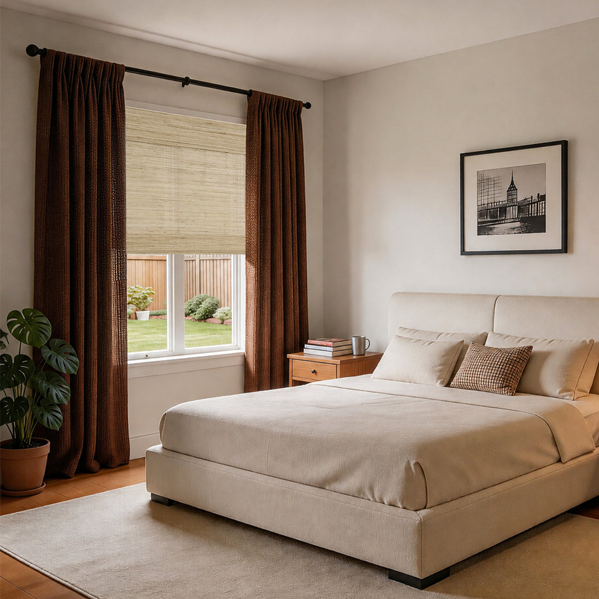 natural 100% ramie woven shades in a vintage bedroom with layered wine-toned drapery, creating an elegant and classic atmosphere with rich visual depth | Hestia Blinds